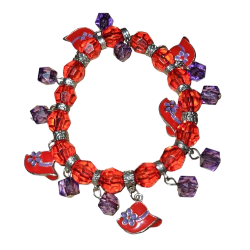 6" Vintage Red Hat Society Beaded Bracelet L8